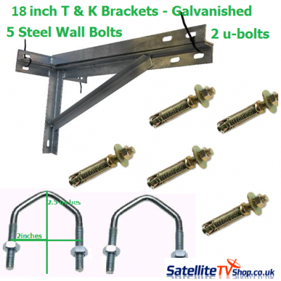 18 inch T + K Brackets + 2 U-Bolts + 5 Steel Wall Bolts + 5 Steel Plugs